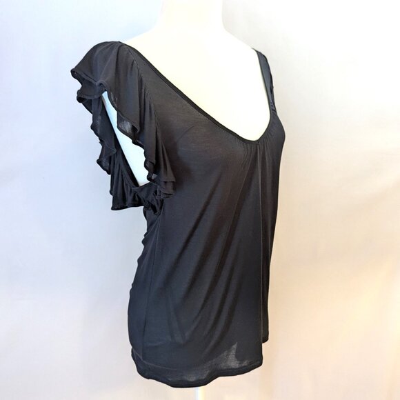 BCBGMAXAZRIA | Black V-Neck Ruffle Short Cap Sleeve Tee | Size Small - Picture 3 of 11